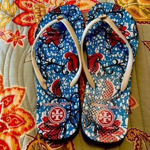 Tory Burch floral flip flops